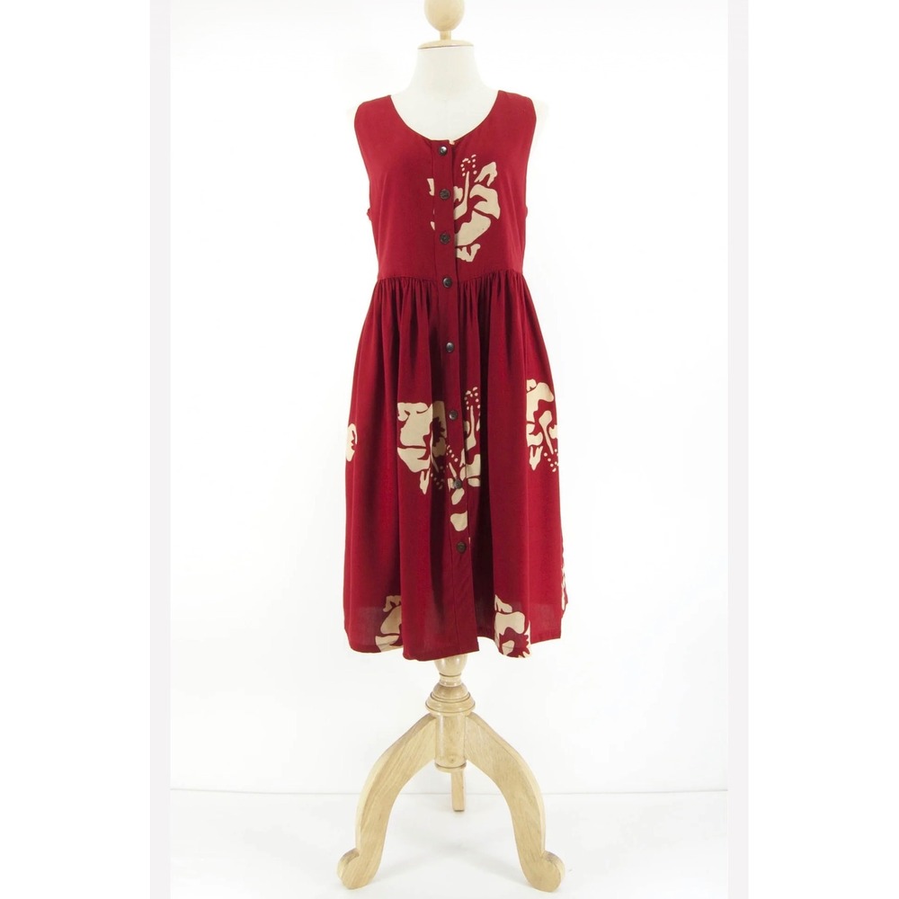 Tina's Creation Inc Hawaiian Hibiscus Babydoll Dress Red Rayon Floral Small